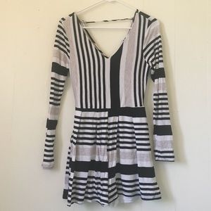 Long Sleeve White Black Tan and Light Blue Romper